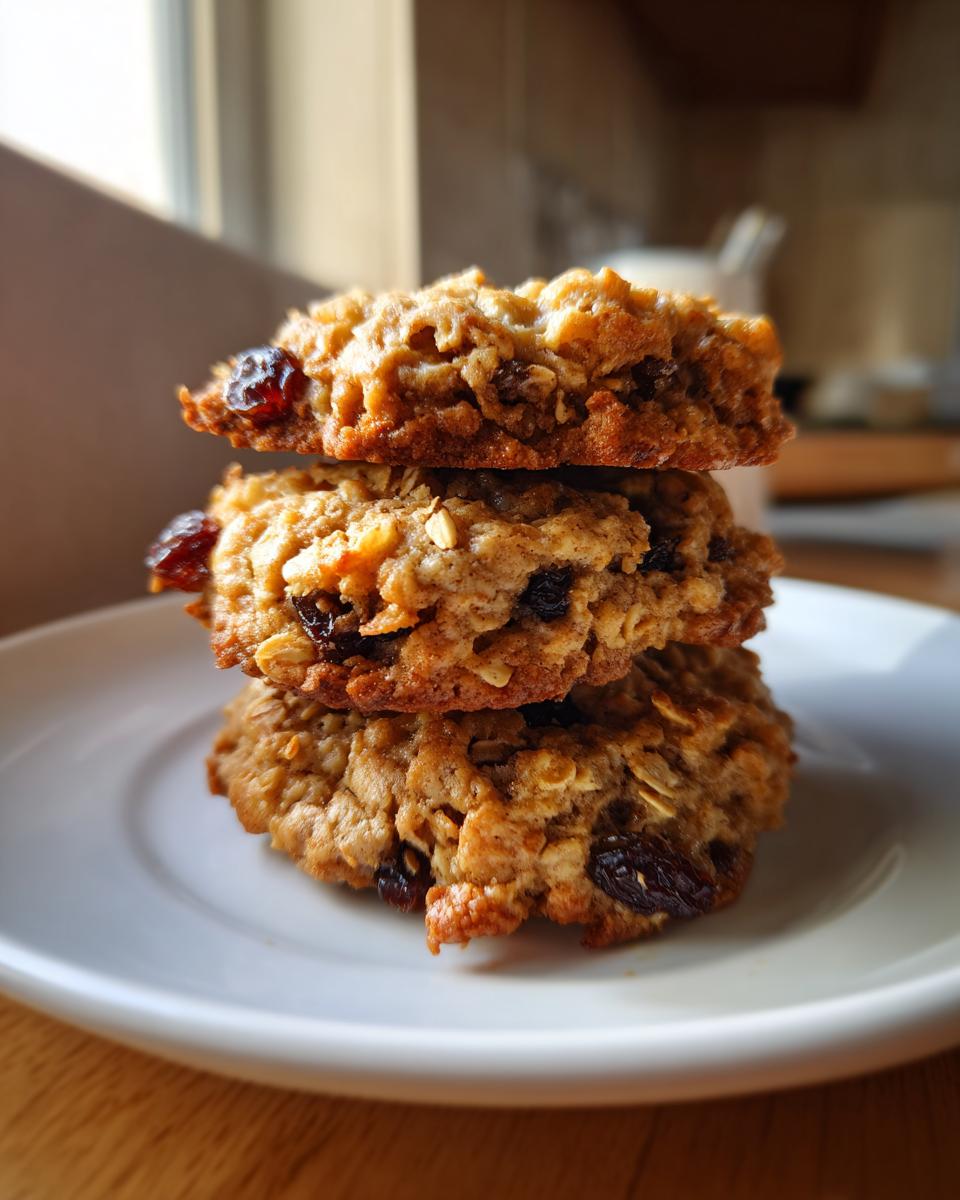 A stack of three freshly baked oatmeal raisin cookies resting on a white plate, illuminated by natural light.