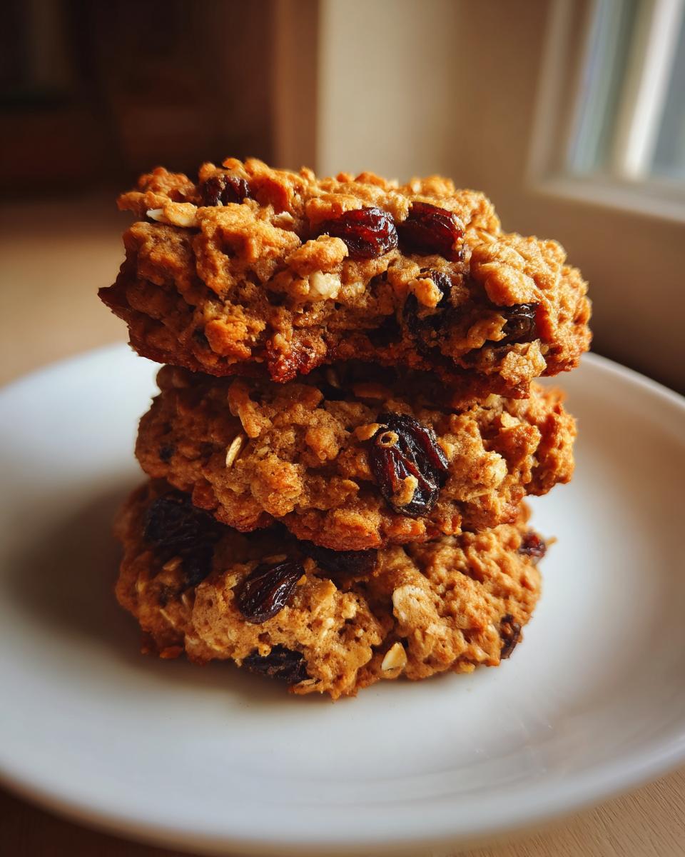 A close-up stack of three homemade oatmeal raisin cookies, showing texture and plump raisins.