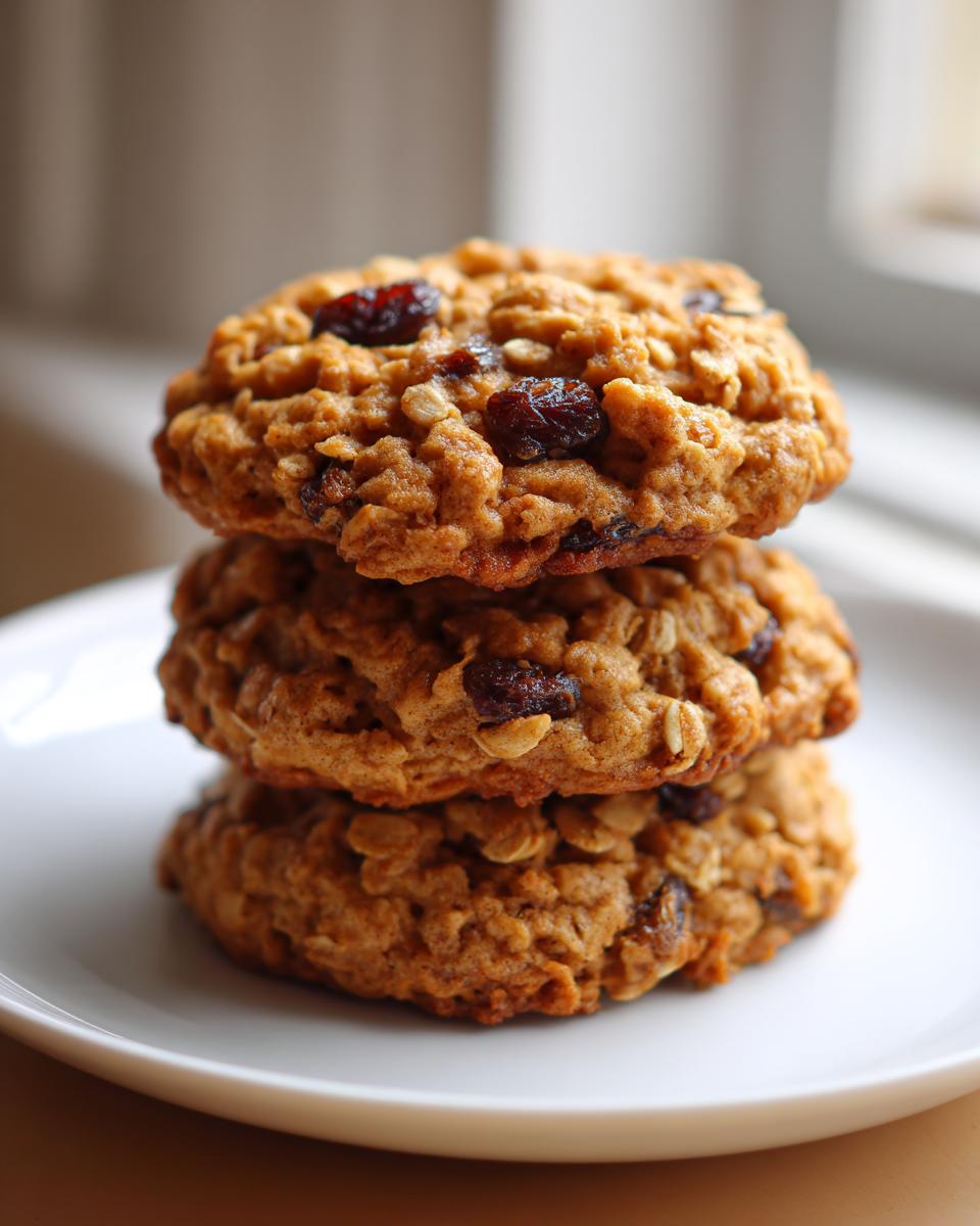 A stack of three perfectly baked, chewy oatmeal raisin cookies resting on a white plate.