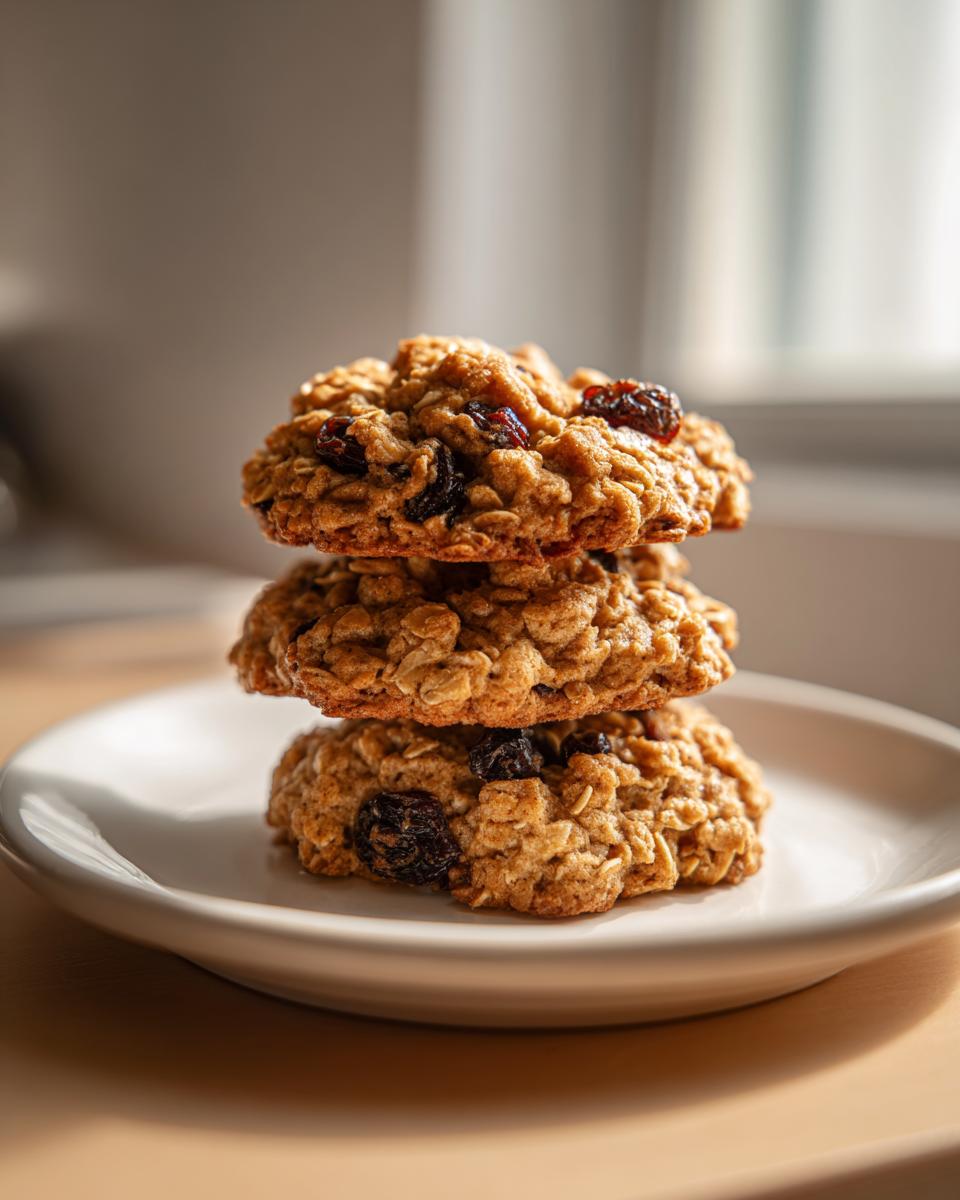 A stack of three golden brown oatmeal raisin cookies resting on a small white plate, highlighting the texture.