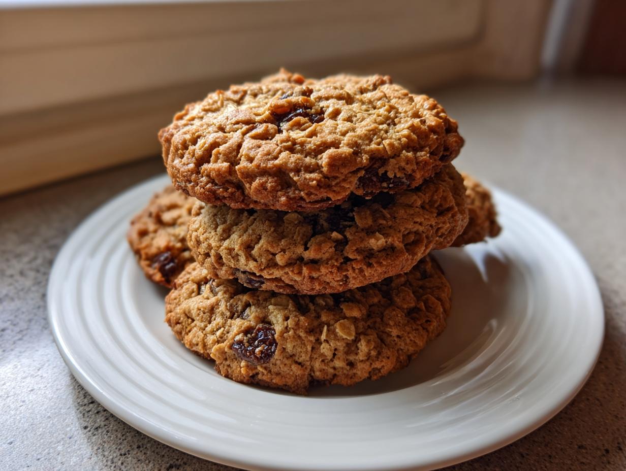 A stack of three freshly baked, chewy oatmeal raisin cookies resting on a white plate.