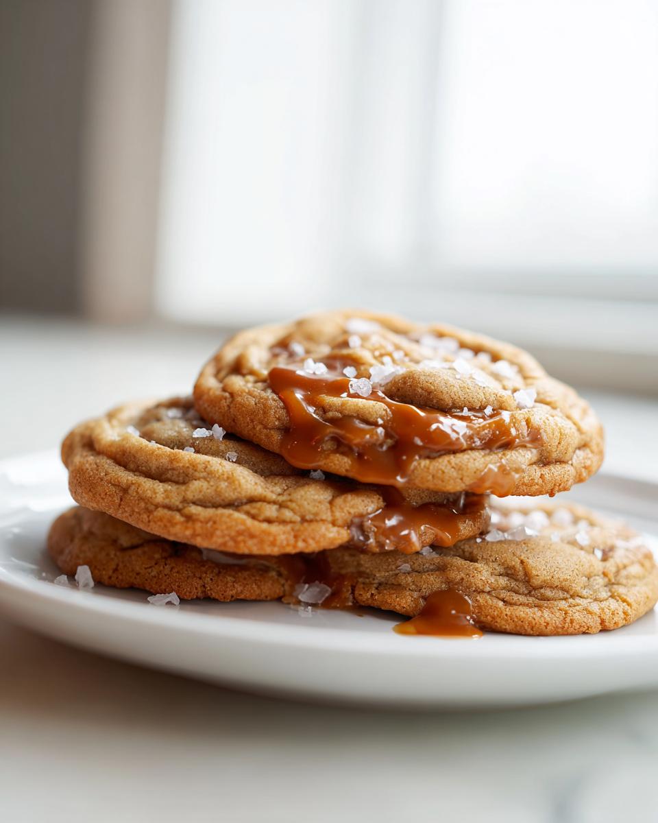 A stack of three gooey sea salt caramel cookies topped with flaky sea salt and dripping with rich caramel sauce.