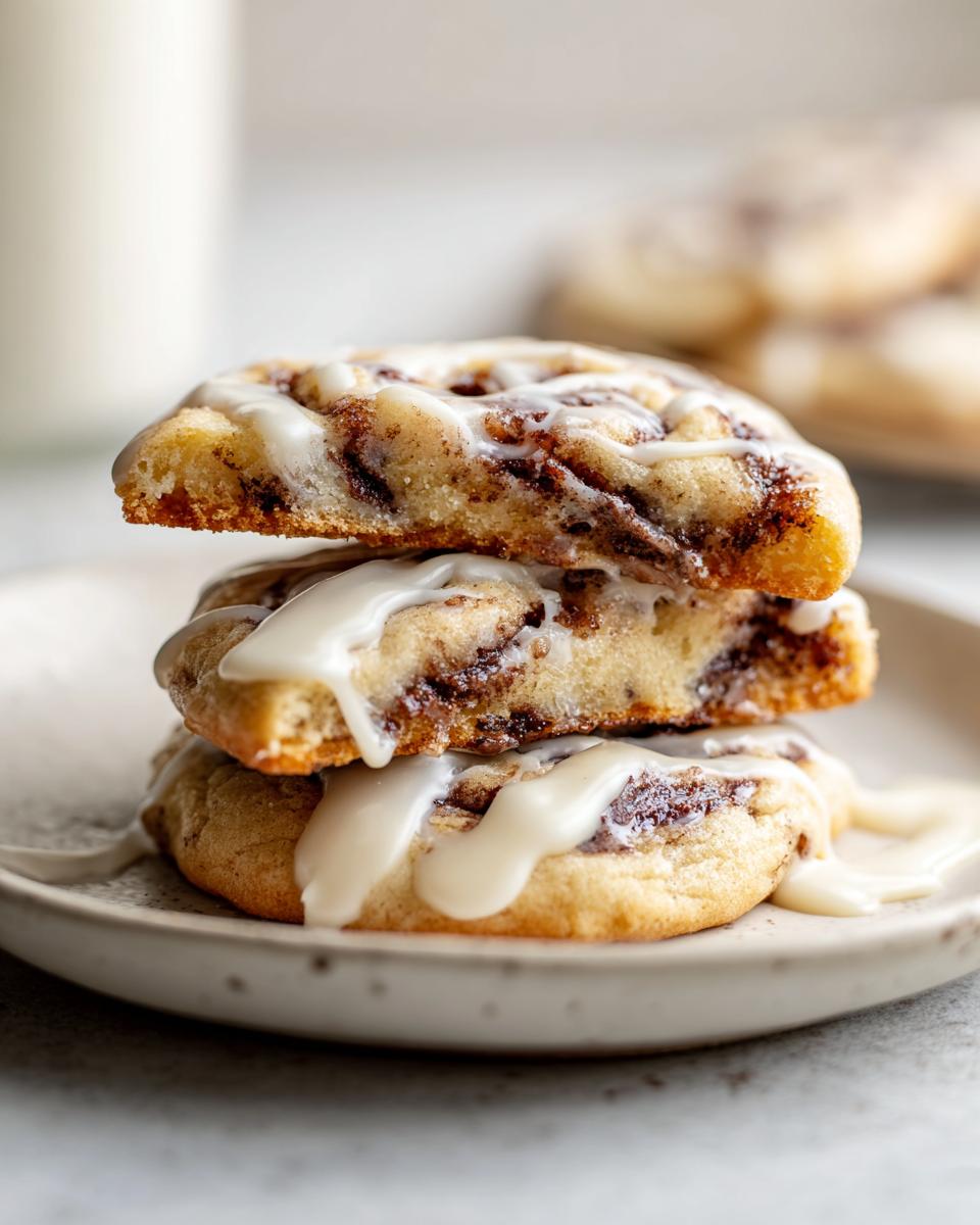 Three stacked cinnamon roll cookies, cut in half to show the swirl, drizzled generously with white glaze.