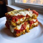 Two stacked slices of rich Eggplant Parmesan topped with melted mozzarella, marinara sauce, and dried herbs.