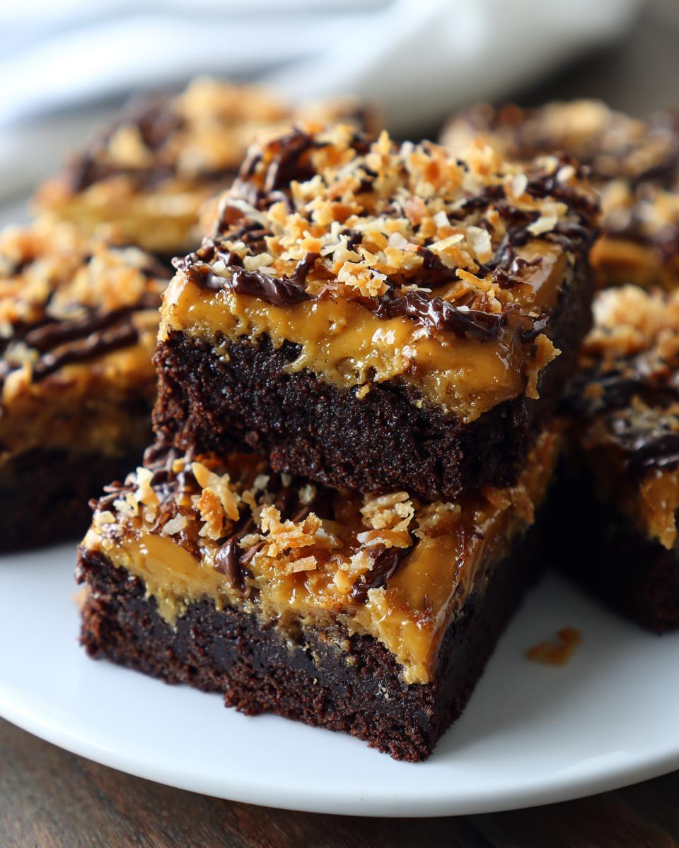 Two stacked squares of rich, fudgy Samoa brownies topped with gooey caramel, chocolate drizzle, and toasted coconut.