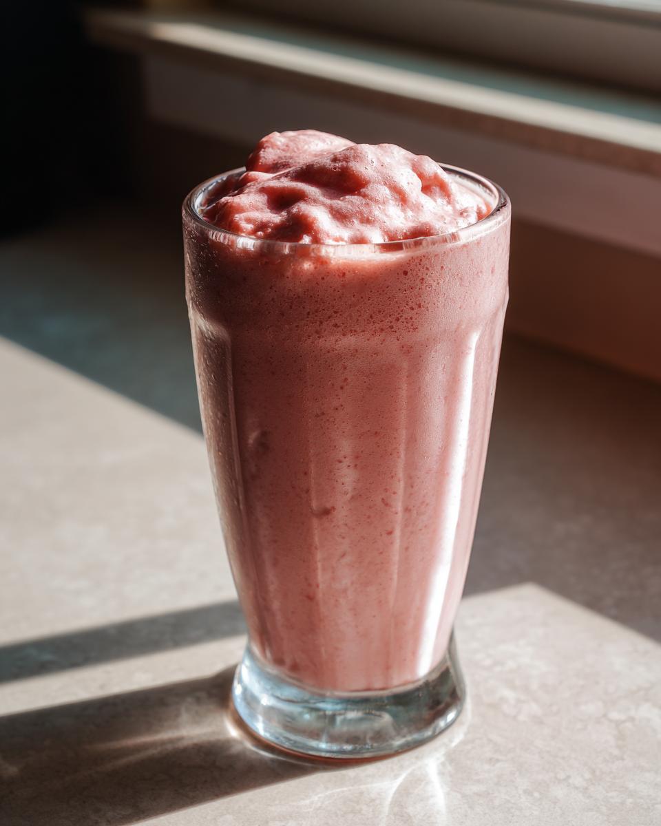 A tall glass filled with thick, pink Strawberry Cold Foam mixture, catching bright sunlight.