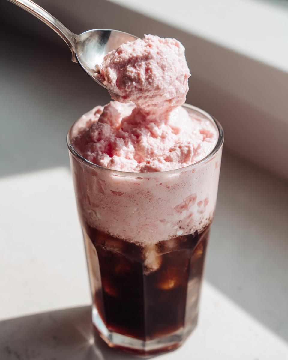 A spoonful of thick, pink Strawberry Cold Foam is being added on top of iced coffee in a glass.