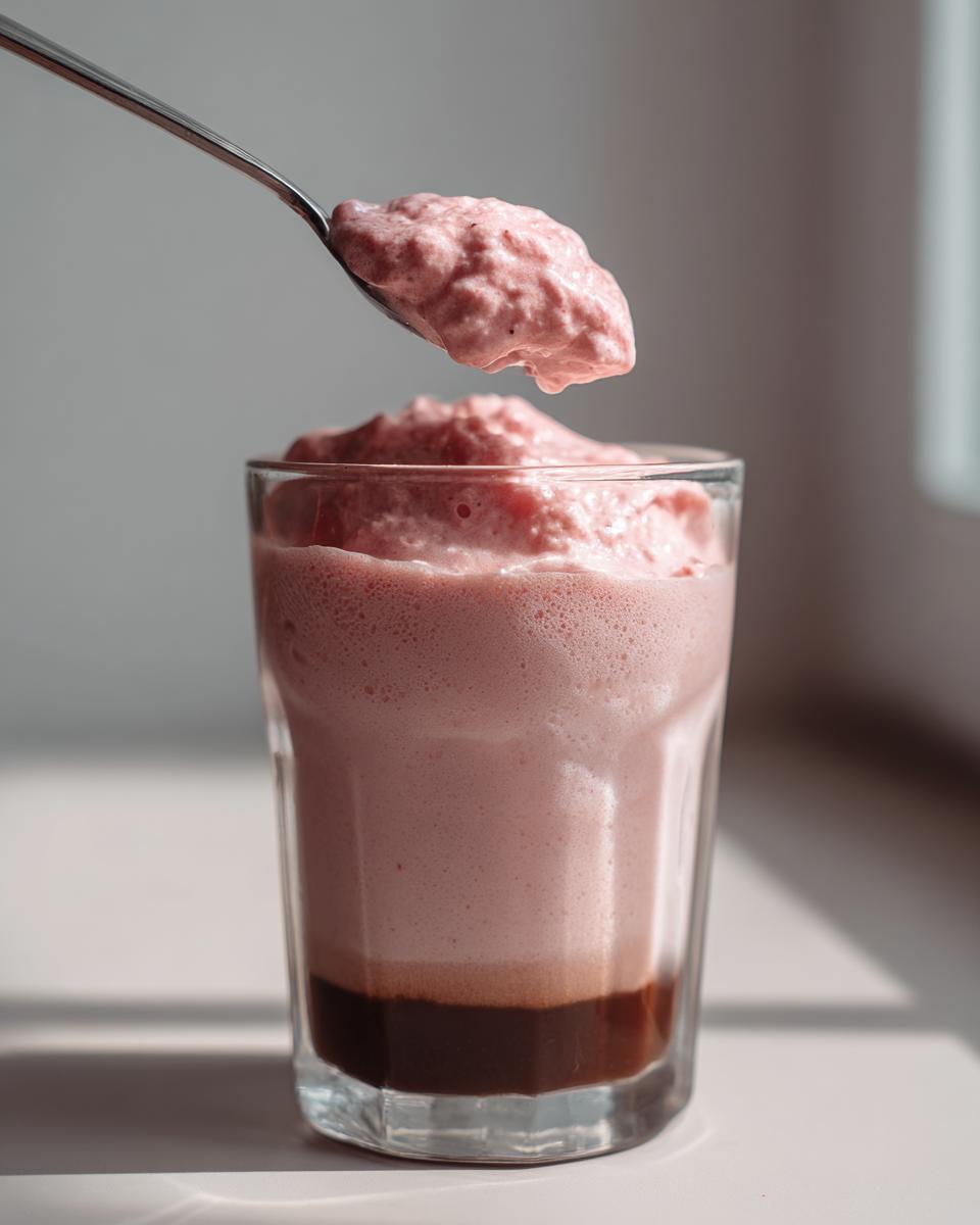 A spoonful of thick, pink Strawberry Cold Foam is lifted above a glass containing a layered drink with chocolate syrup at the bottom.
