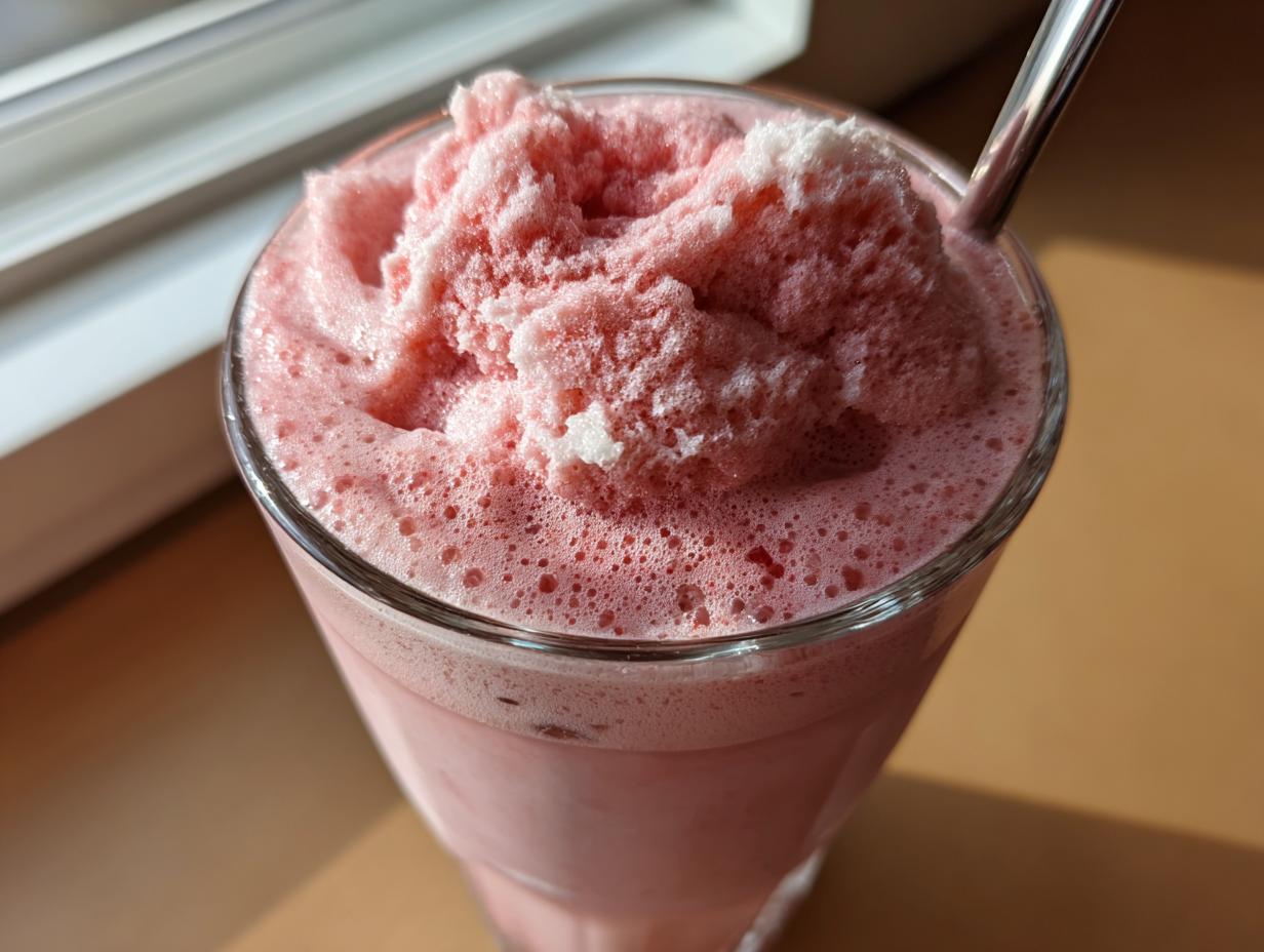 Close-up of thick, pink Strawberry Cold Foam piled high on top of a drink in a clear glass with a metal straw.