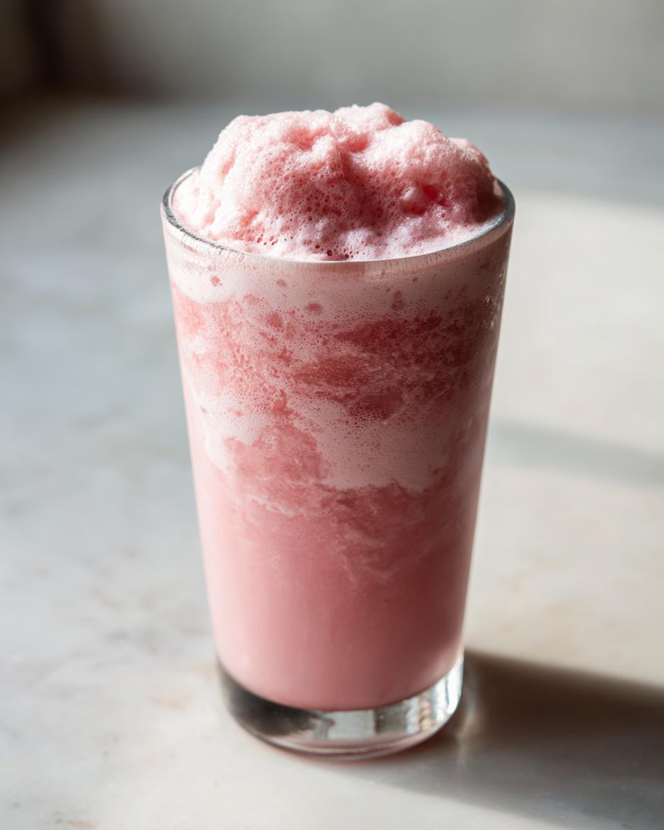 A tall glass filled with a pink, frothy beverage topped high with thick Strawberry Cold Foam.