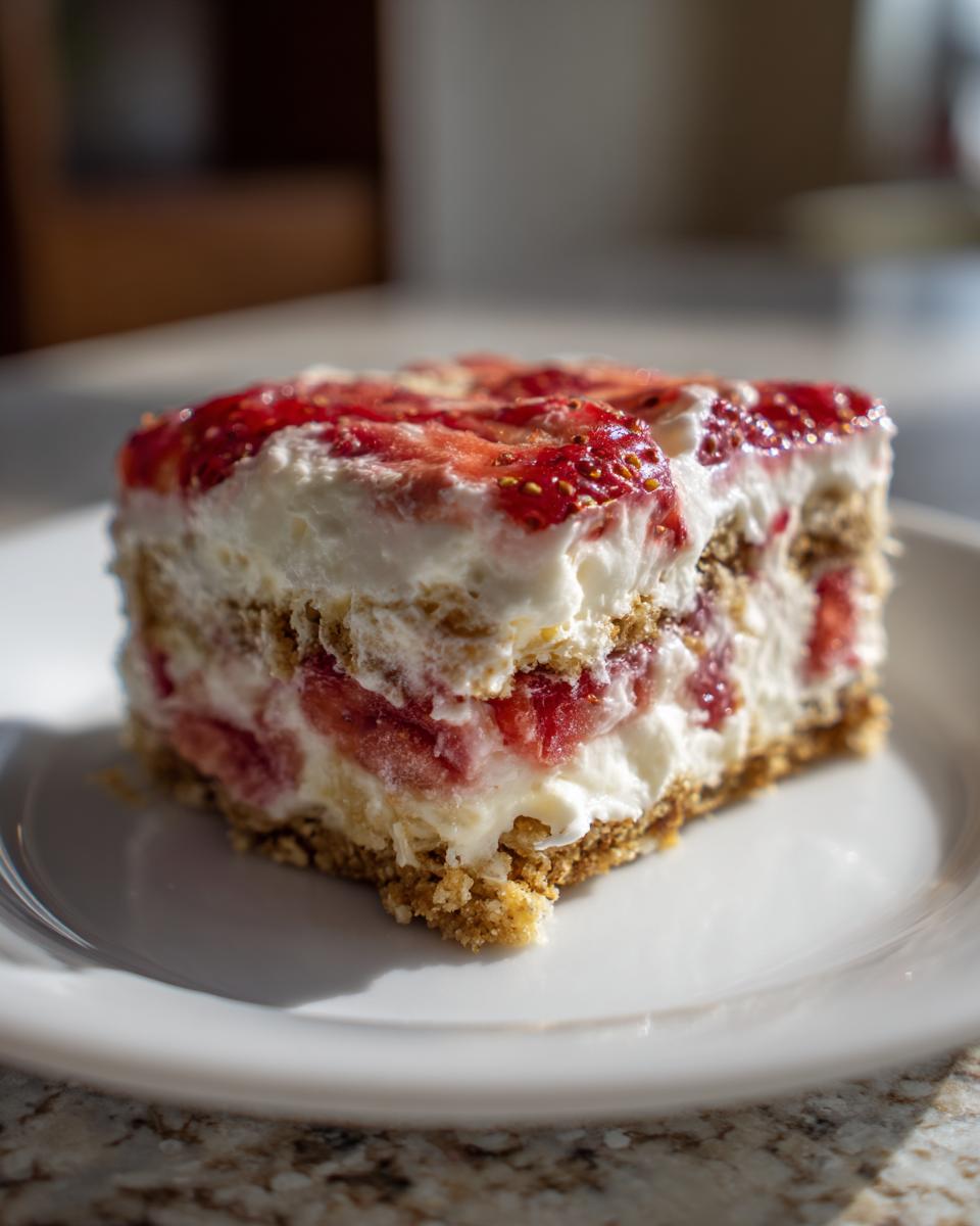 A close-up of a layered slice of strawberry cream cheese icebox cake showing graham cracker crust, cream filling, and strawberry topping.