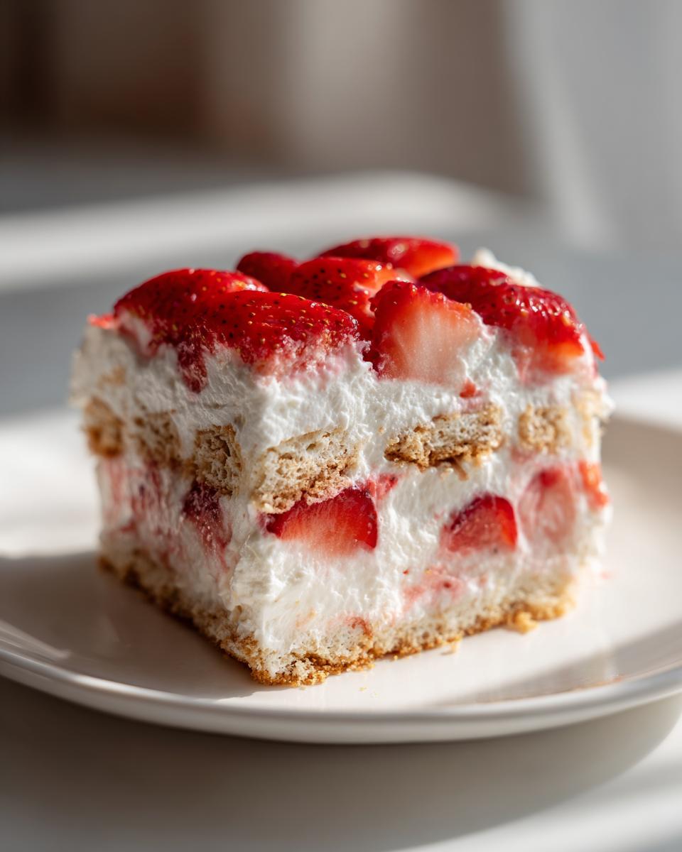 A close-up slice of strawberry cream cheese icebox cake showing layers of cream, strawberries, and graham crackers.