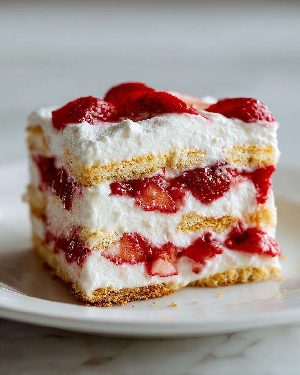 A perfect slice of strawberry cream cheese icebox cake showing layers of cream, strawberries, and graham crackers.