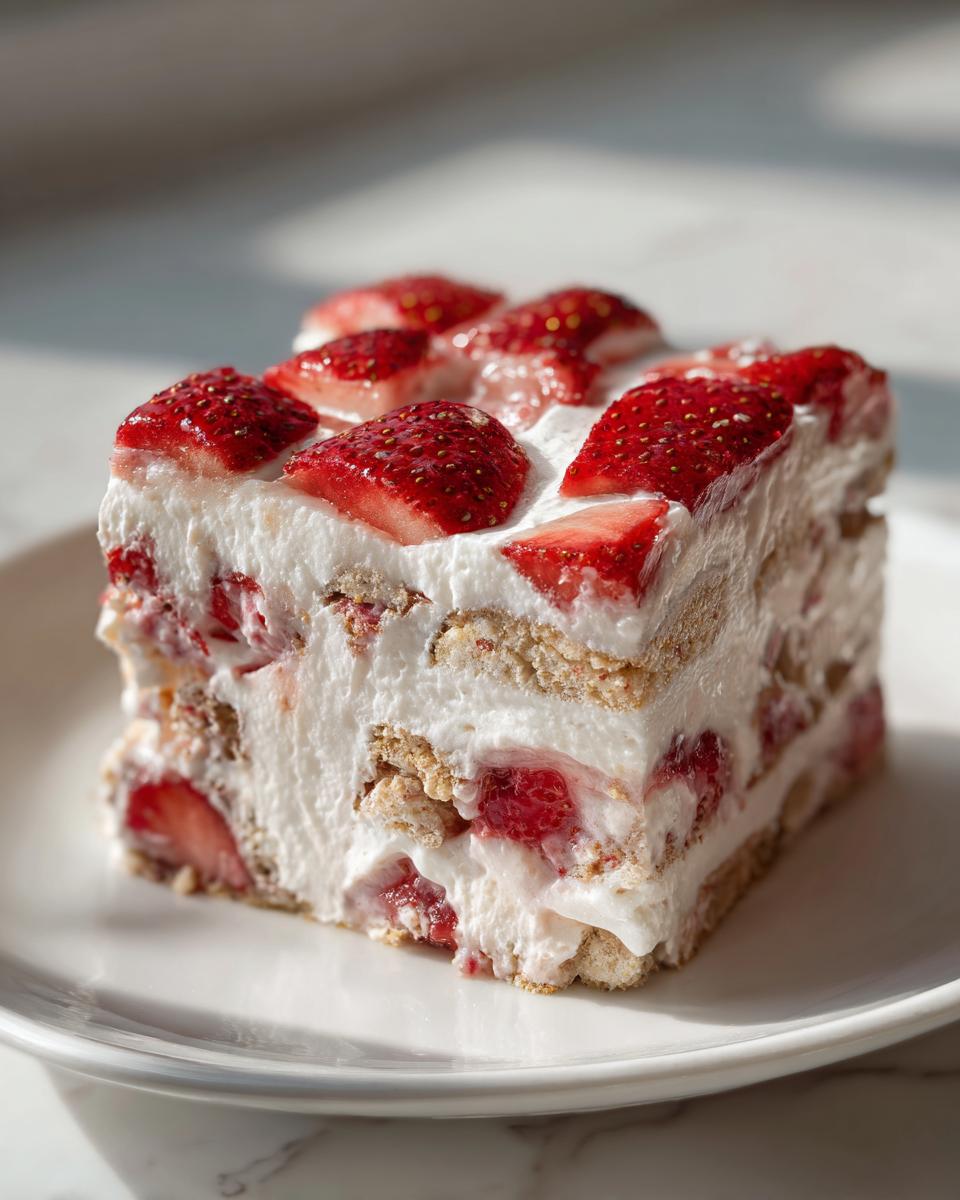A perfect square slice of strawberry cream cheese icebox cake layered with cream and graham crackers, topped with fresh strawberries.