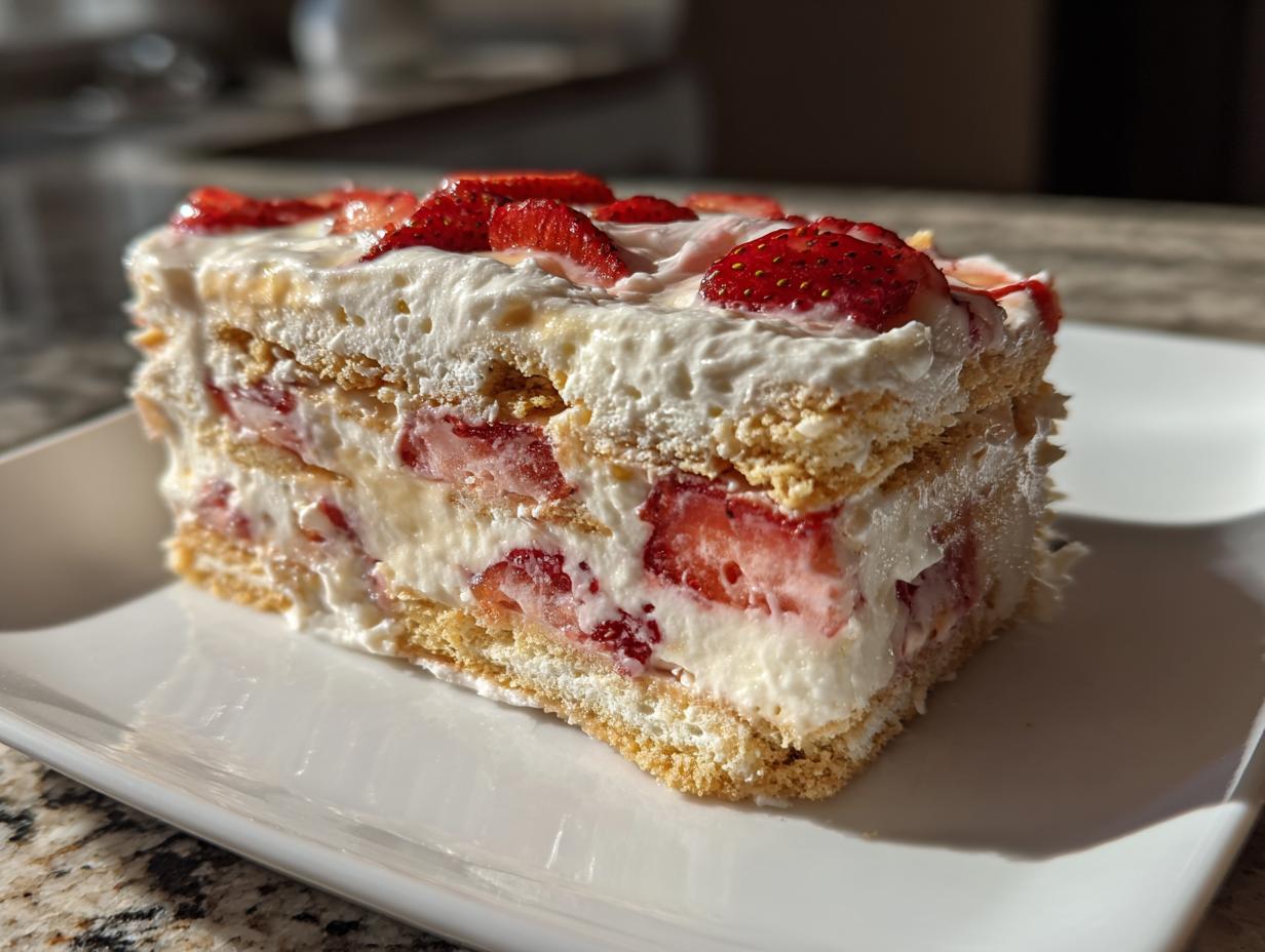 A close-up slice of strawberry cream cheese icebox cake showing layers of cream, graham crackers, and fresh strawberries.