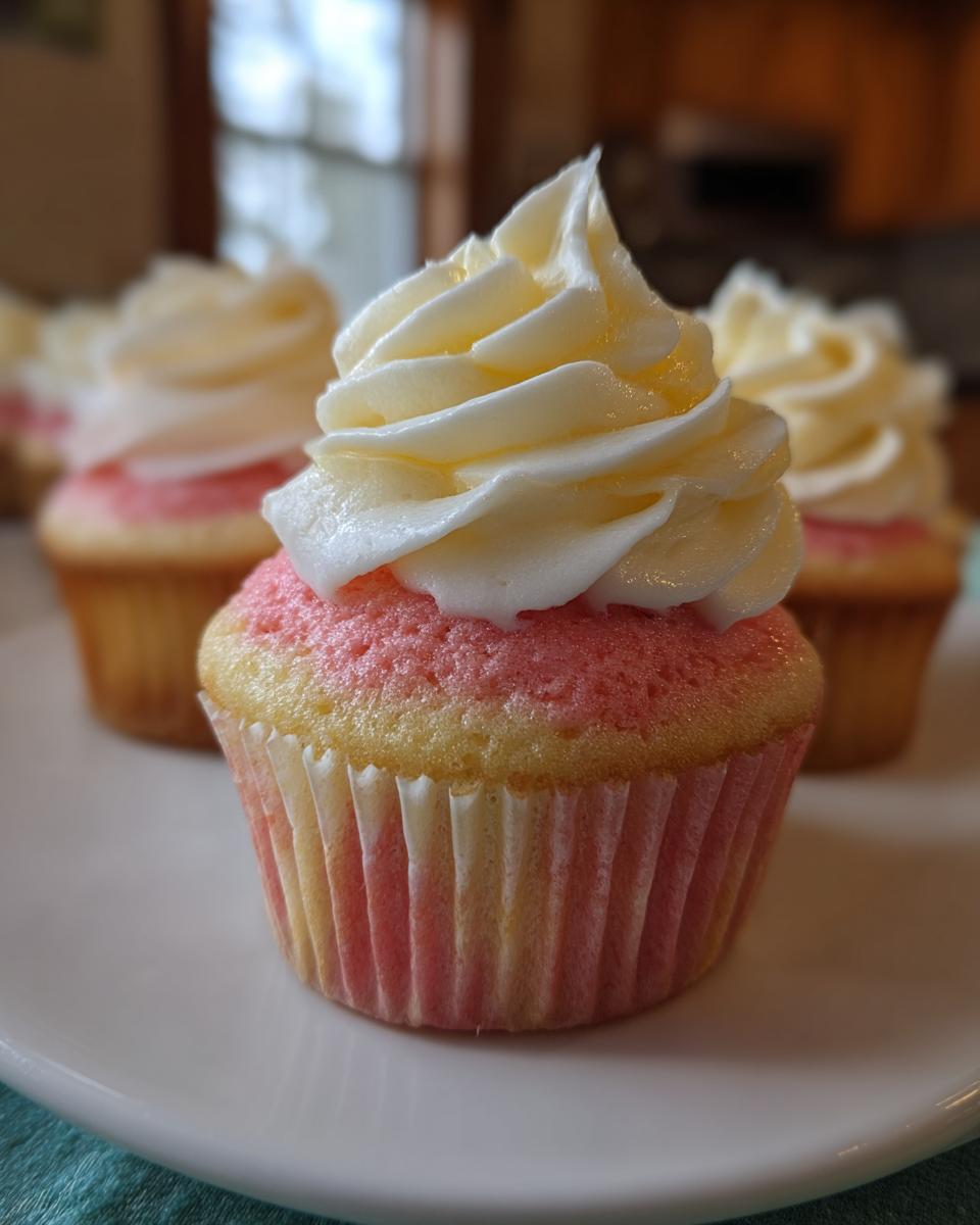 A close-up of one strawberry lemonade cupcake with pink cake base and swirled white-yellow frosting.