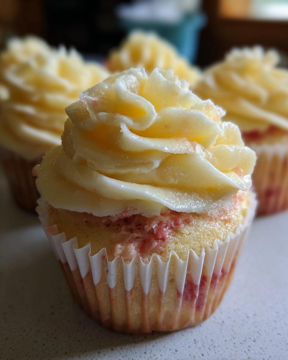 A close-up of a freshly baked strawberry lemonade cupcake topped with swirled yellow frosting.