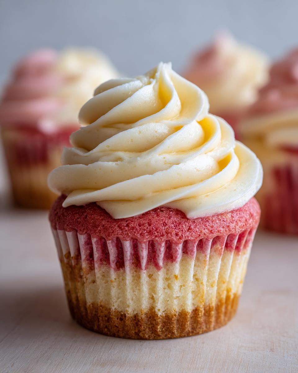 A close-up of a single strawberry lemonade cupcake topped with a swirl of pale yellow frosting.