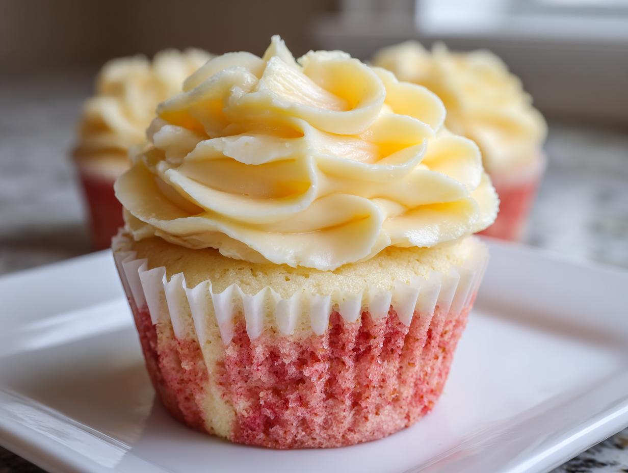 A close-up of a single strawberry lemonade cupcake featuring a pink-swirled base and tall swirl of pale yellow frosting.