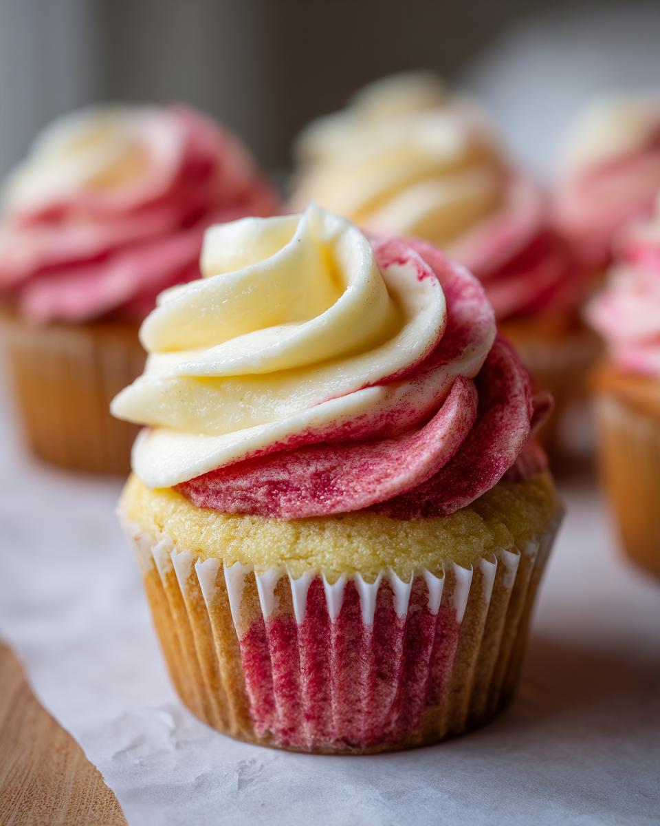 A close-up of a single strawberry lemonade cupcake featuring yellow cake and two-toned pink and yellow swirl frosting.