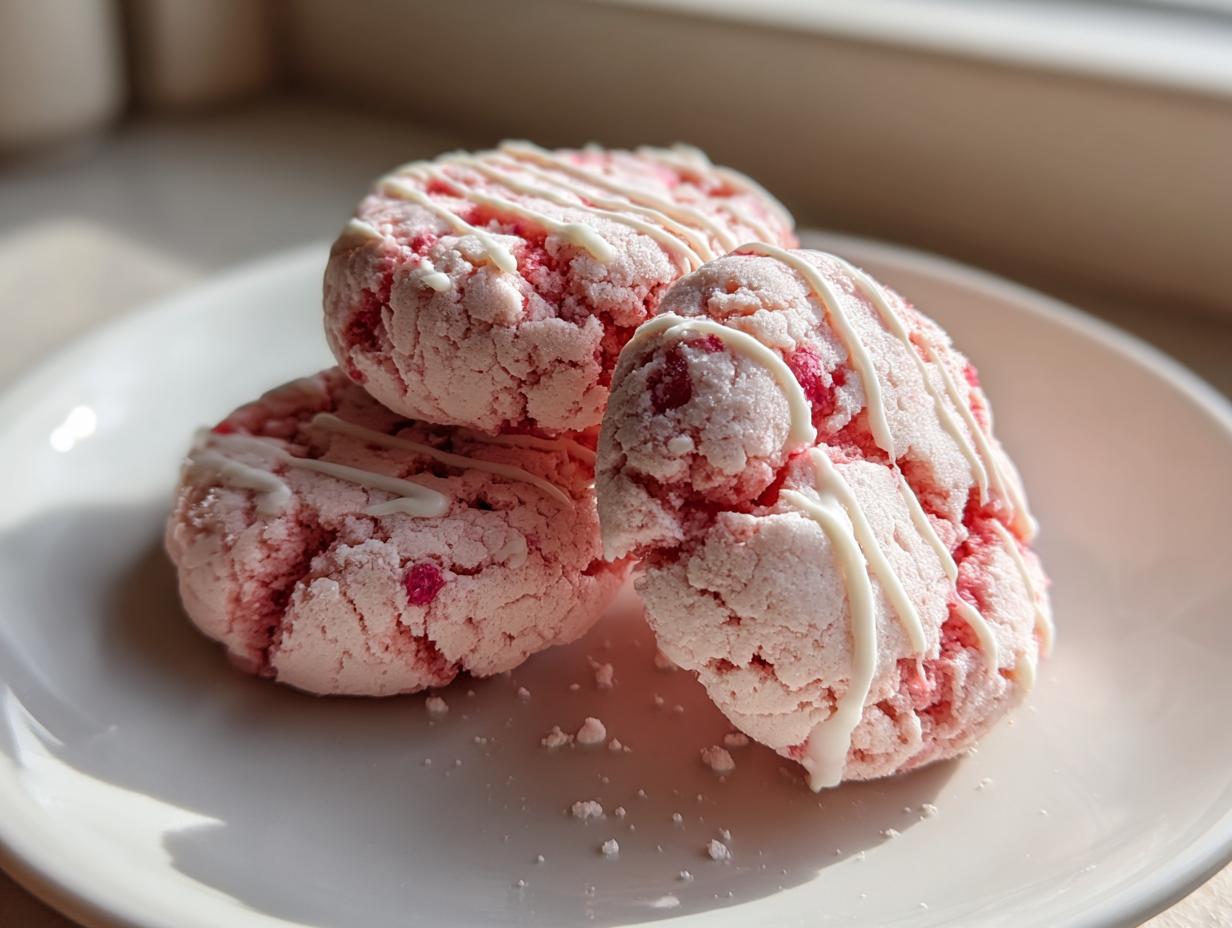 Three soft, pink strawberry shortcake cookies stacked slightly on a white plate, drizzled with white icing.