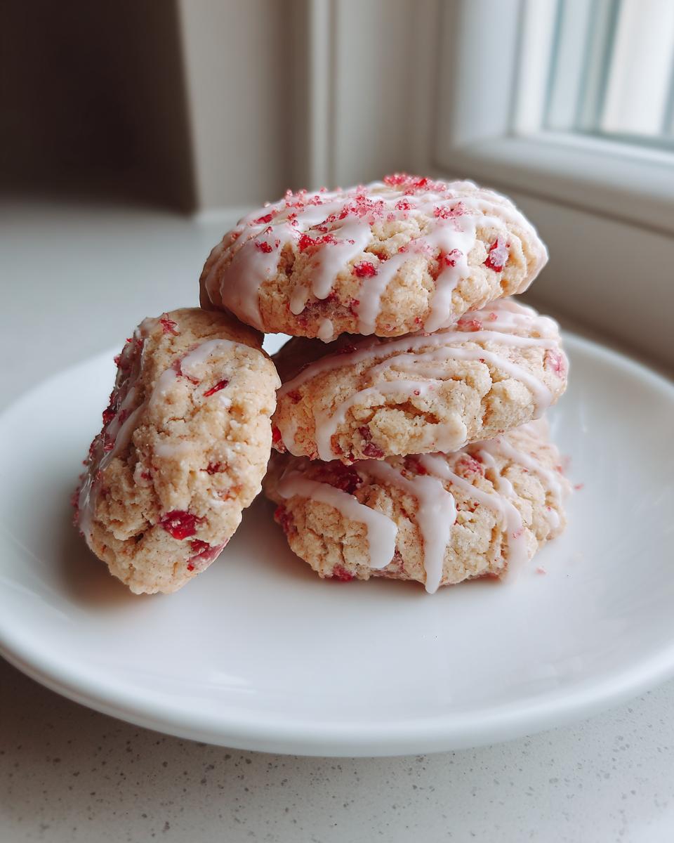 A stack of four delicious strawberry shortcake cookies, drizzled with white icing and topped with red sprinkles.