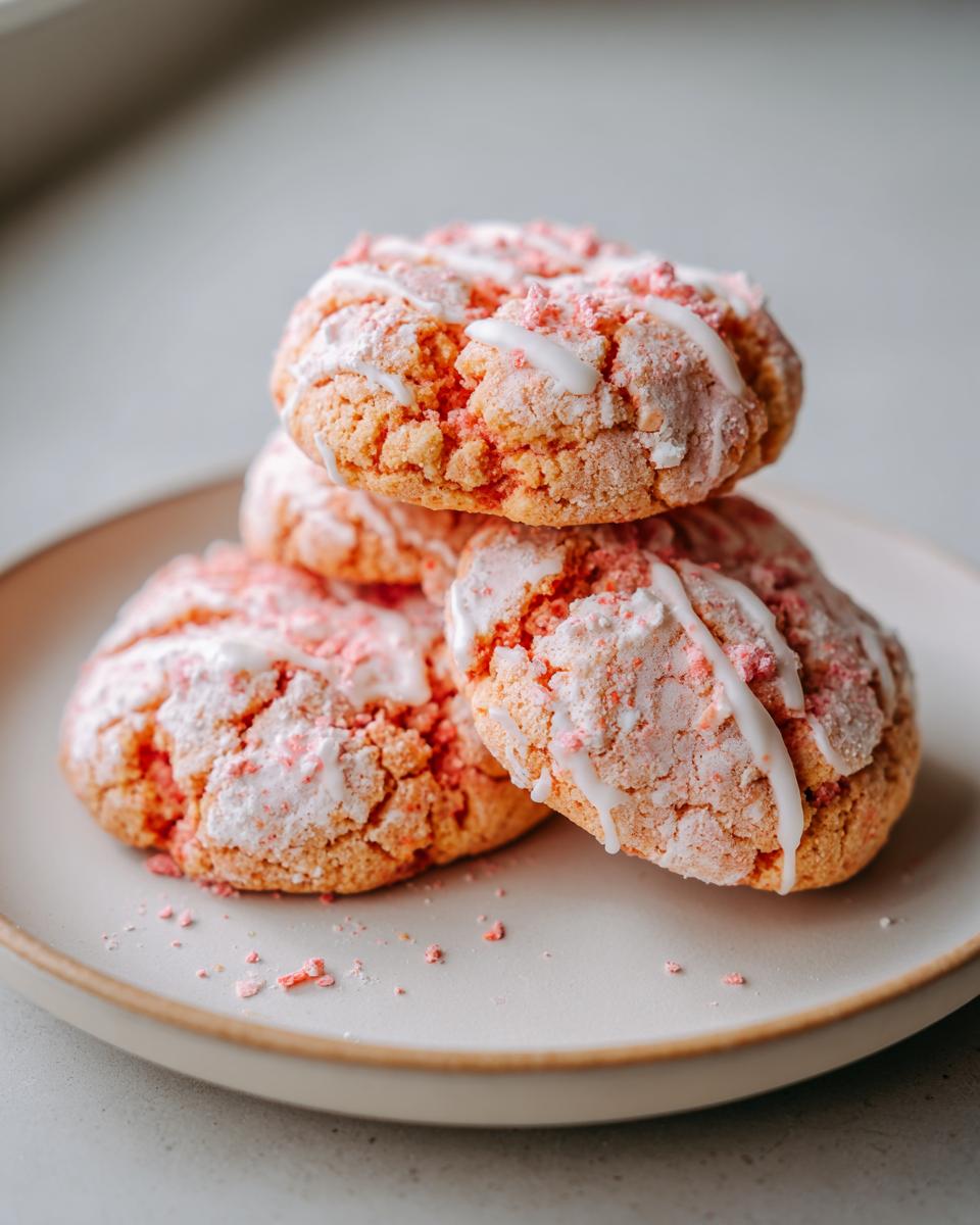 A stack of four soft, crinkled strawberry shortcake cookies topped with white glaze and pink sprinkles.