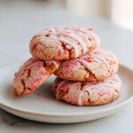 A stack of four delicious strawberry shortcake cookies drizzled with white icing on a light plate.