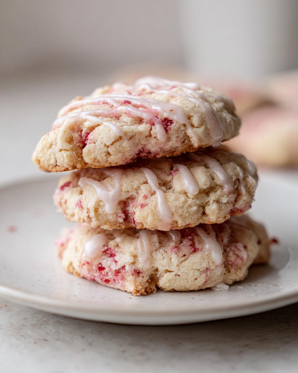 A stack of three soft strawberry shortcake cookies drizzled with white vanilla glaze on a light plate.