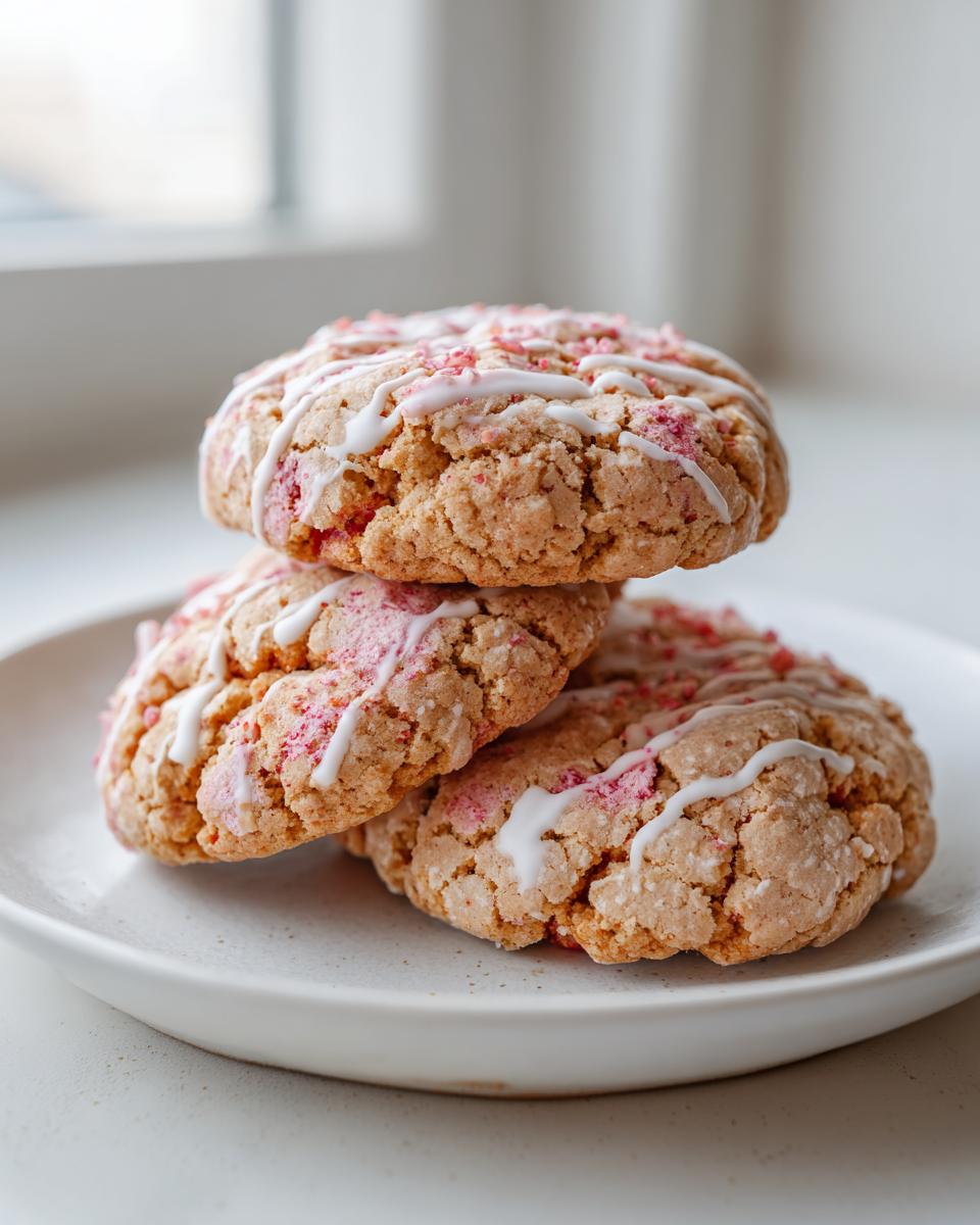 A stack of three soft, crinkled strawberry shortcake cookies drizzled with white icing and pink sprinkles.