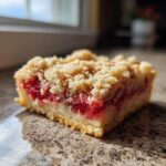 A single, delicious square of strawberry shortcake streusel bars showing the crumb topping and bright red filling.