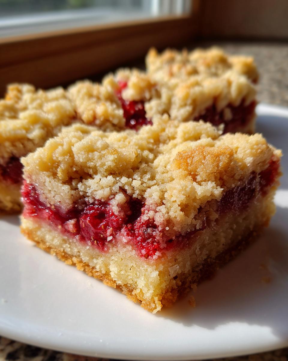 Close-up of a square slice of strawberry shortcake streusel bars showing a thick shortbread base, bright red strawberry filling, and crumbly topping.