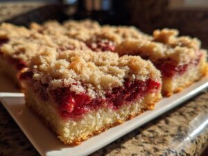 Close-up of freshly baked strawberry shortcake streusel bars showing a thick layer of bright red strawberry filling and crumbly topping.