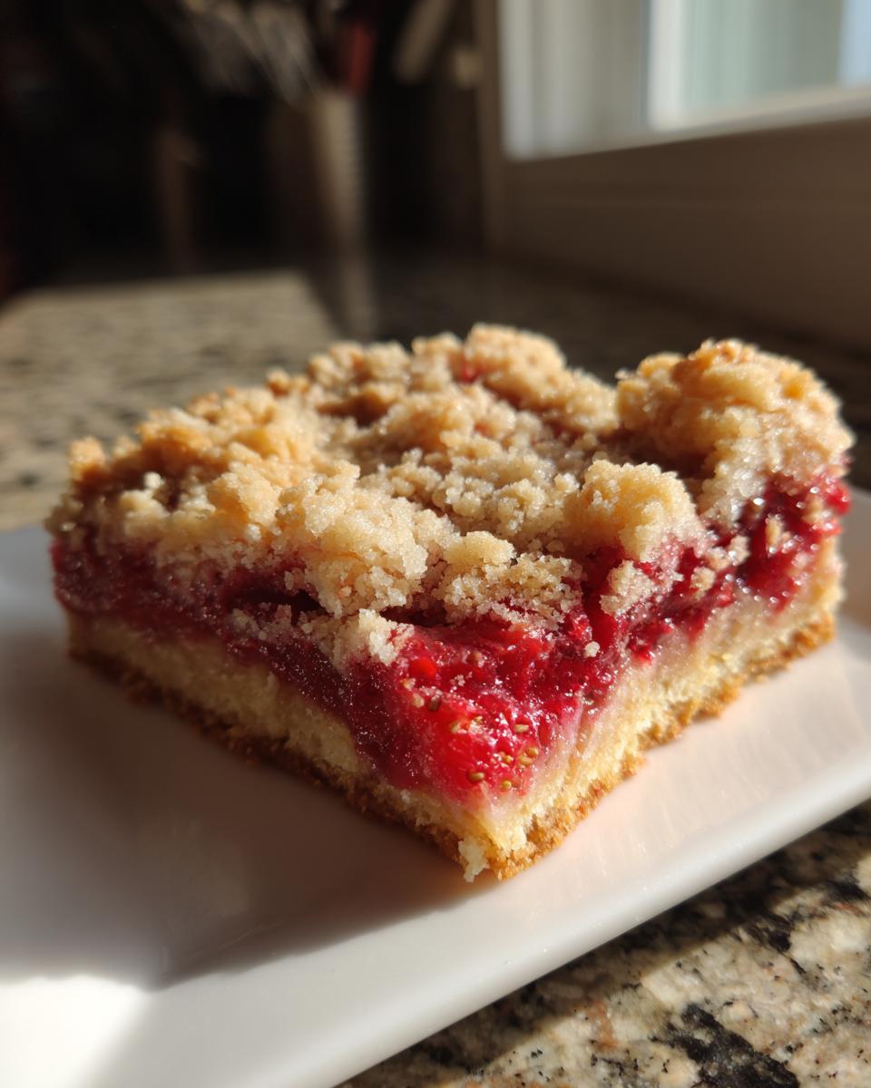 Close-up of a perfectly baked square of strawberry shortcake streusel bars showing the crumb topping and bright red fruit layer.