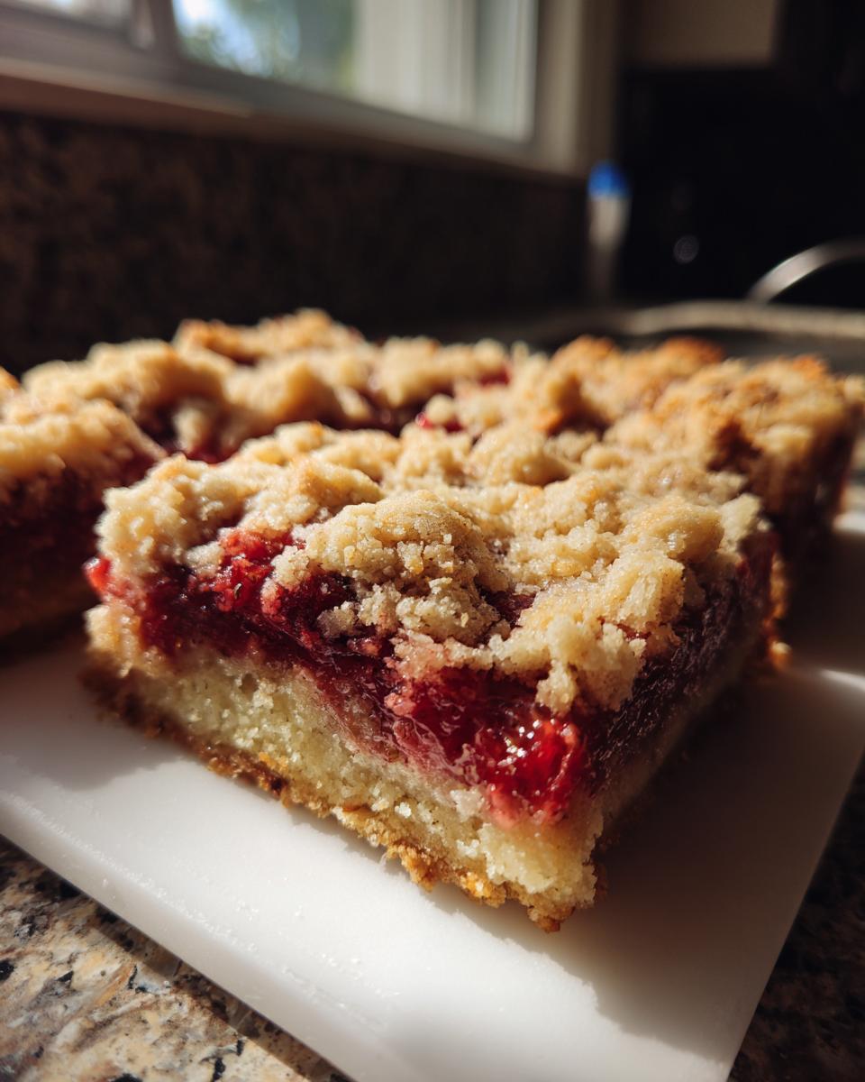 A close-up view of a freshly cut slice of strawberry shortcake streusel bars showing the bottom crust, bright red filling, and crumbly topping.