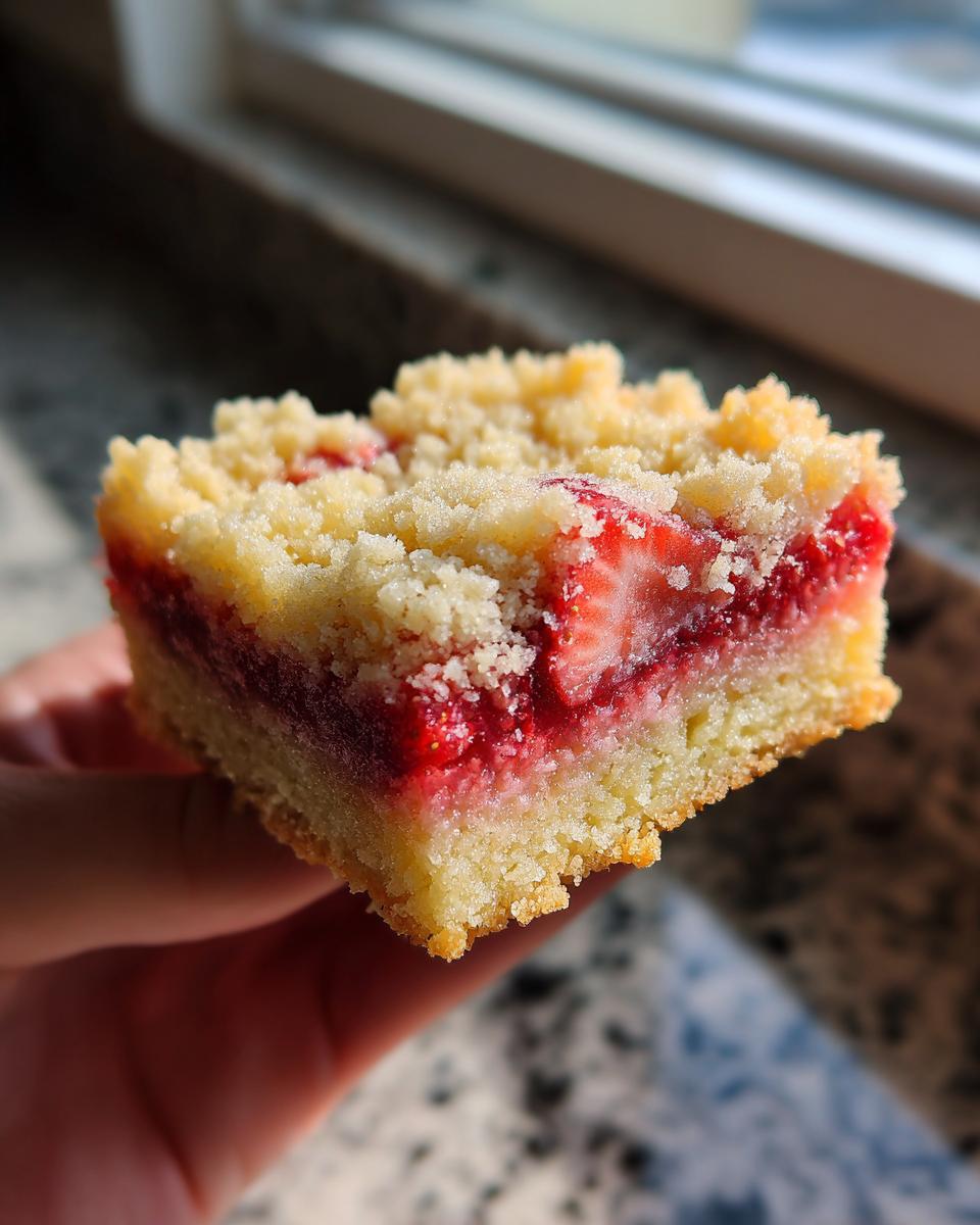 A close-up view of a single square of strawberry shortcake streusel bars, showing the crumb topping and bright red strawberry filling.