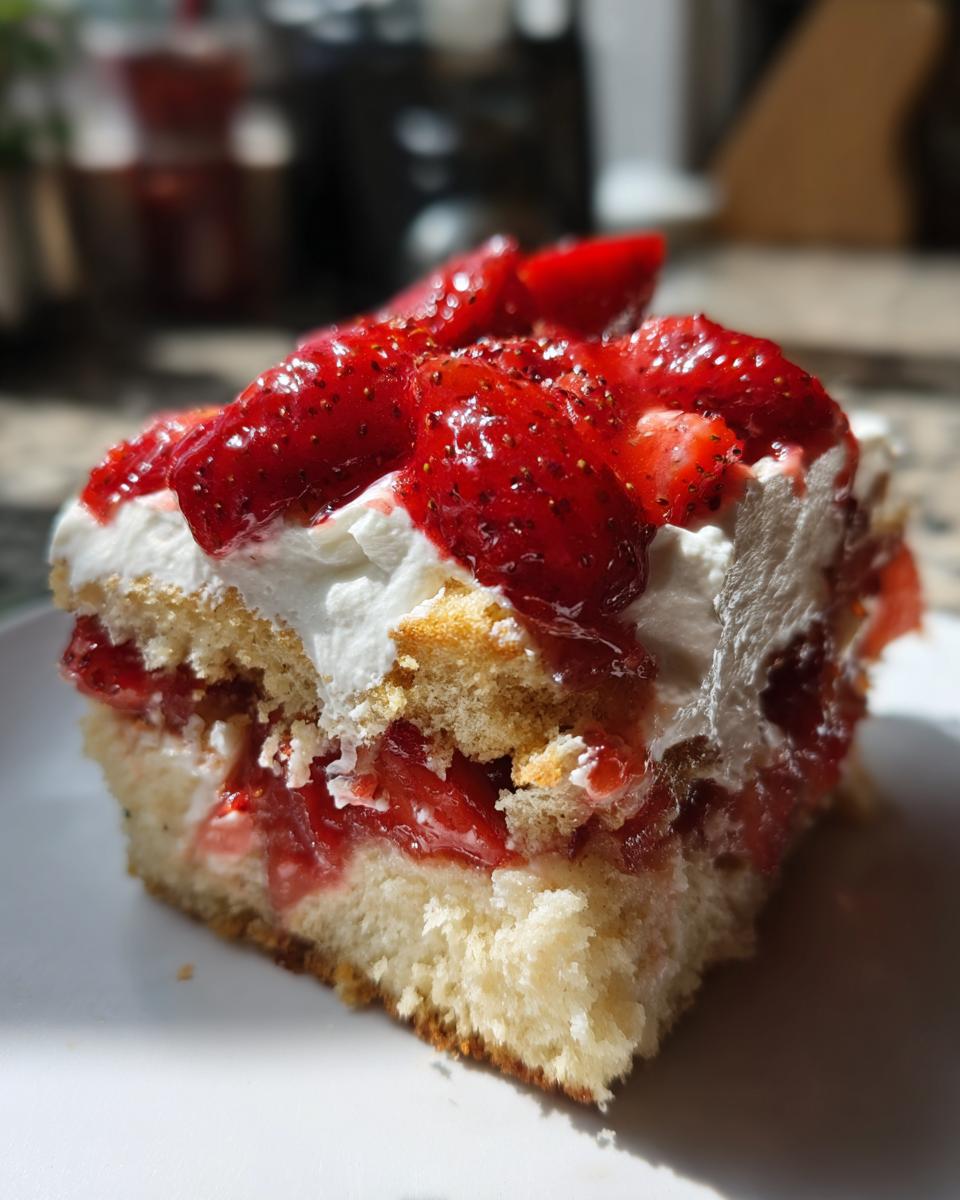 Close-up of a decadent slice of Strawberry Shortcake Trifle featuring layers of cake, whipped cream, and glistening macerated strawberries.