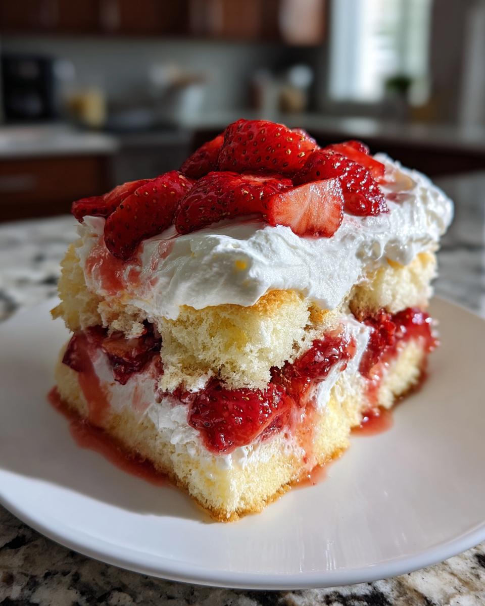 A generous slice of Strawberry Shortcake Trifle featuring layers of sponge cake, macerated strawberries, and whipped cream.