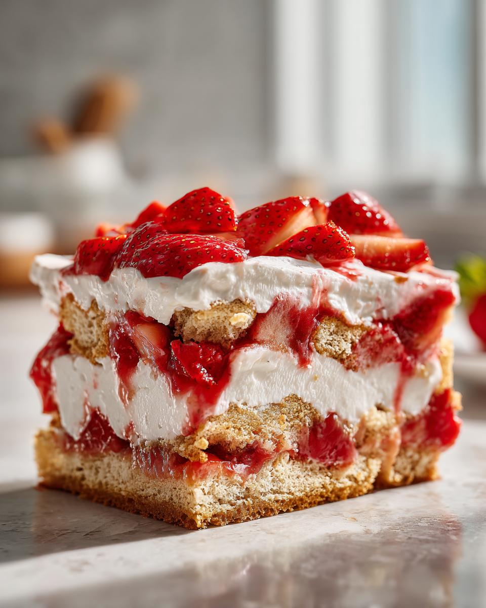 A close-up cross-section of a layered Strawberry Shortcake Trifle showing cake, whipped cream, and macerated strawberries.