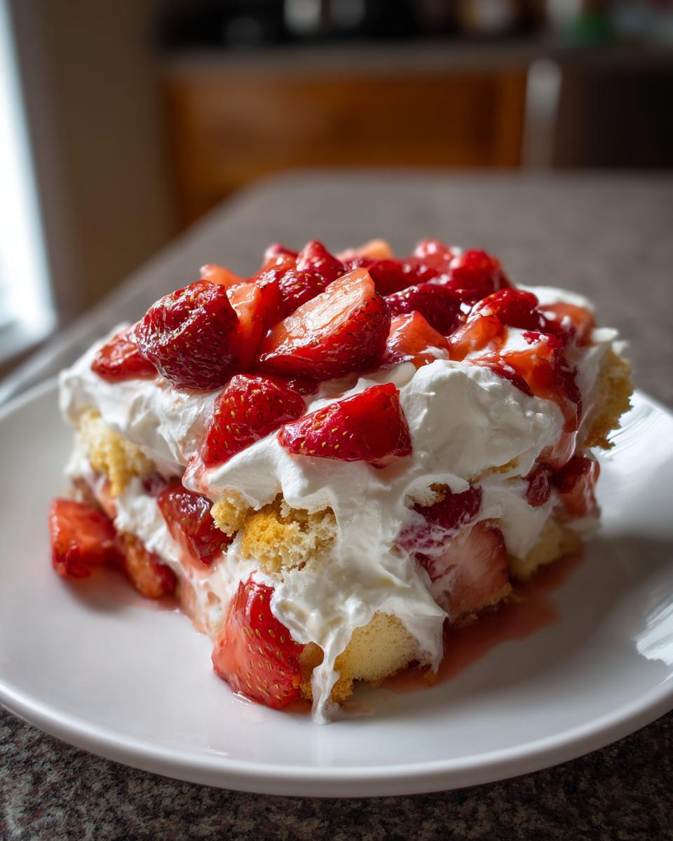 A generous slice of Strawberry Shortcake Trifle layered with cake, whipped cream, and fresh macerated strawberries on a white plate.