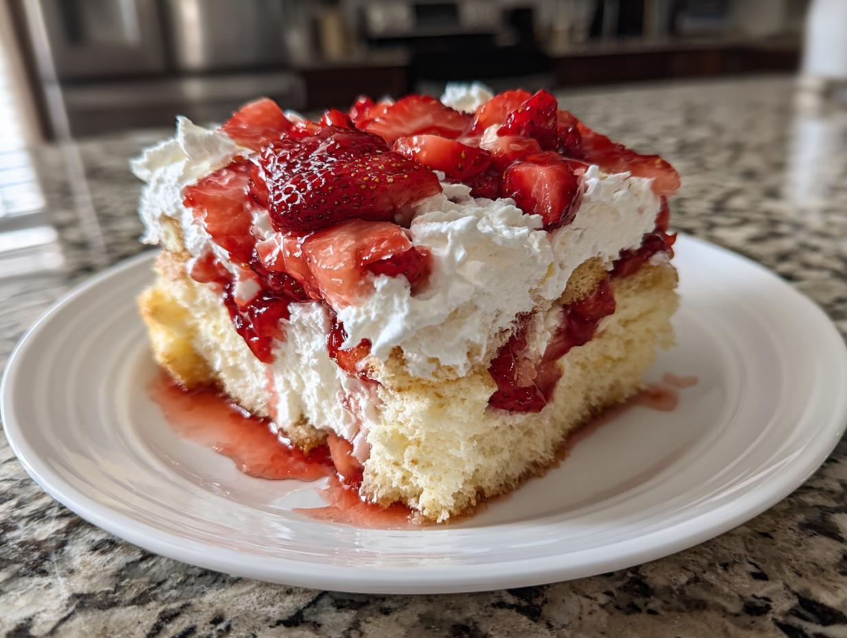 A generous slice of Strawberry Shortcake Trifle featuring layers of cake, whipped cream, and macerated strawberries on a white plate.