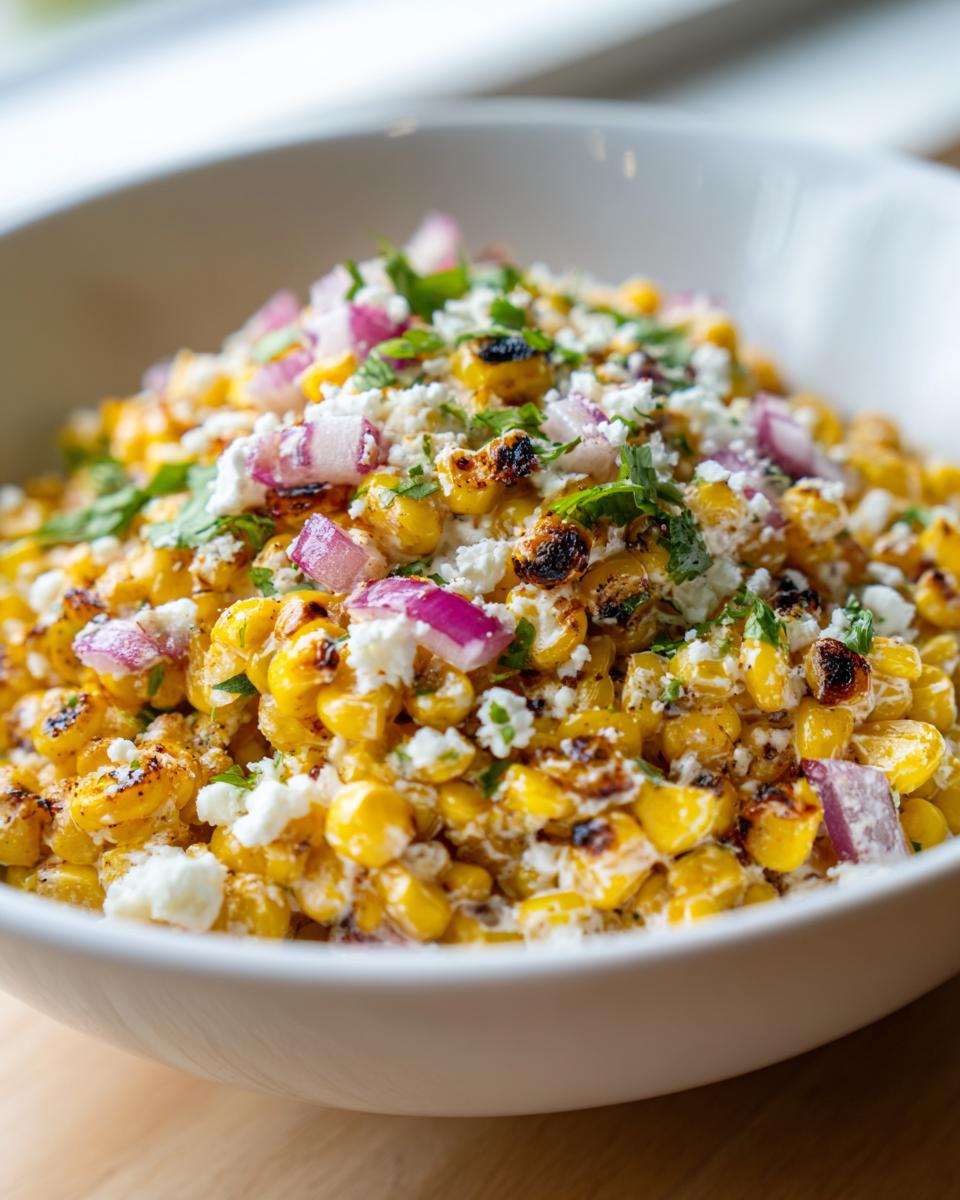 Close-up of vibrant street corn salad featuring charred corn kernels, crumbled white cheese, diced red onion, and cilantro in a white bowl.
