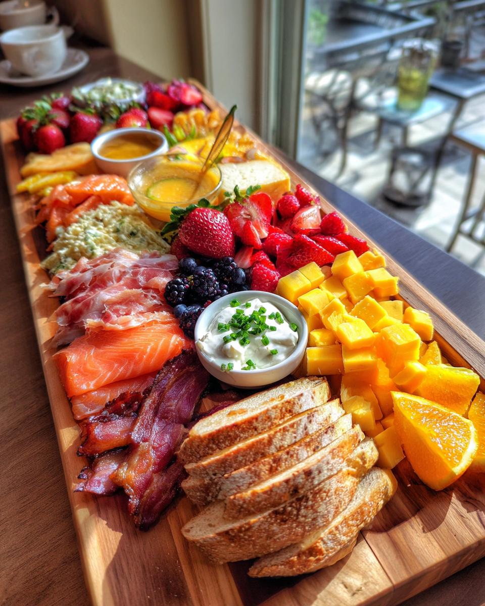 A lavish Breakfast Grazing Board featuring smoked salmon, bacon, fresh berries, cubed mango, cream cheese, and sliced bread.