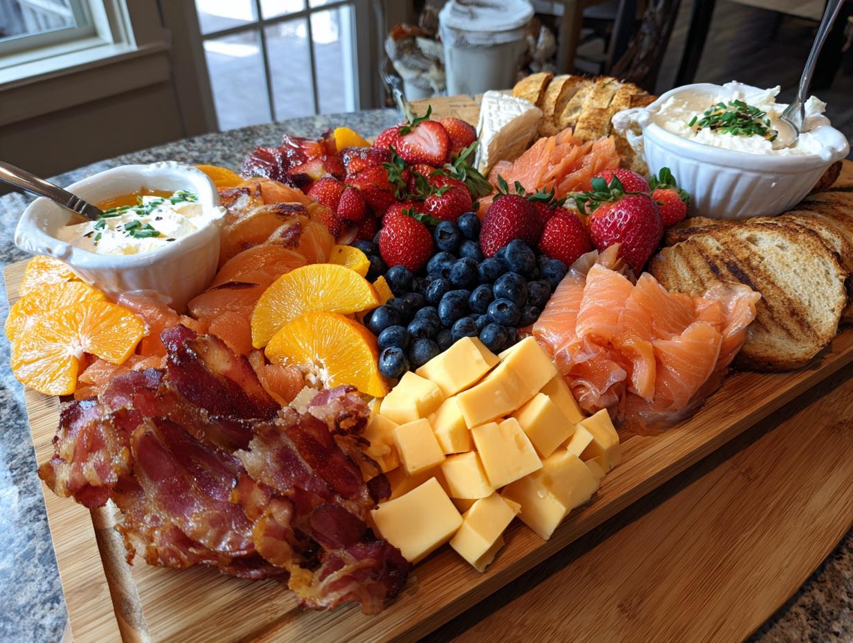 A beautiful Breakfast Grazing Board featuring smoked salmon, bacon, cheese cubes, berries, oranges, and toasted bread.