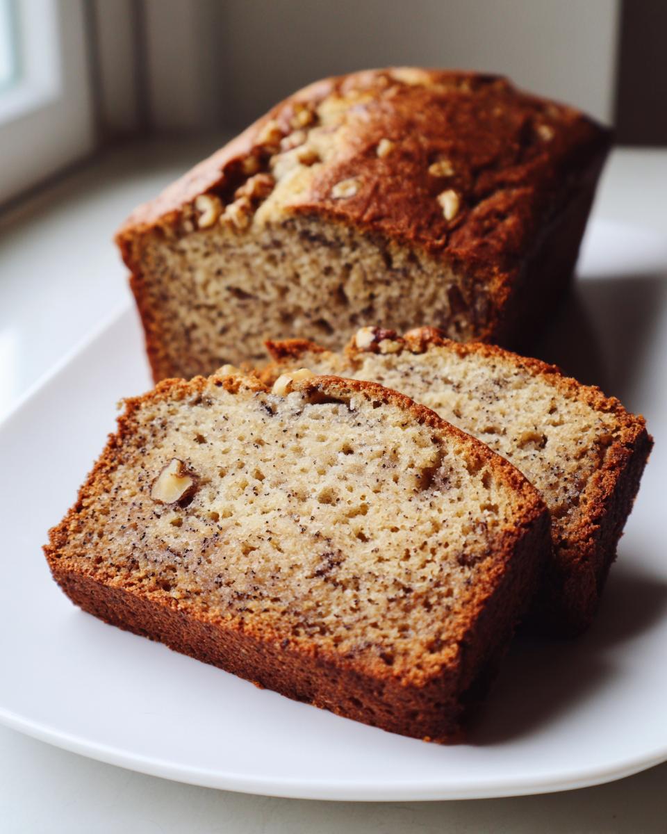 Close-up of slices of moist sugar free banana bread topped with walnuts on a white plate.