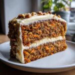 Close-up of a thick slice of super moist carrot cake layered with cream cheese frosting and topped with pecans.