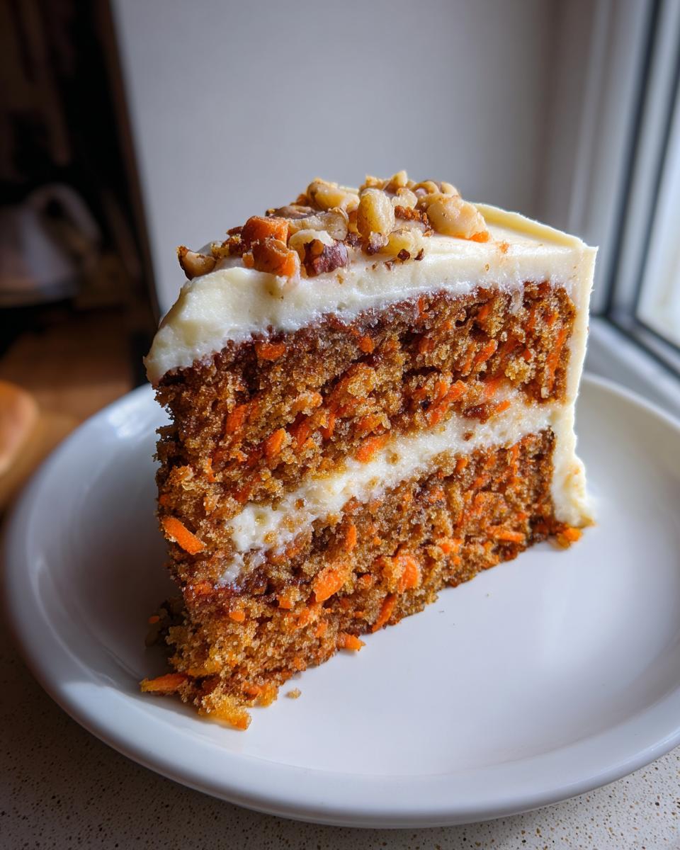 A tall slice of super moist carrot cake with visible shredded carrots, cream cheese frosting layers, and chopped nuts on top.