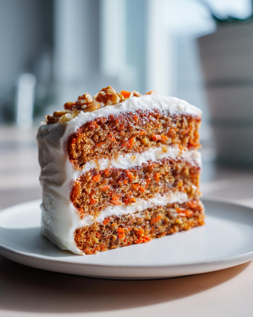 A tall, three-layer slice of super moist carrot cake with thick cream cheese frosting and walnuts on top.
