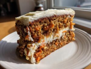 Close-up of a thick slice of super moist carrot cake layered with cream cheese frosting and covered in chopped nuts.