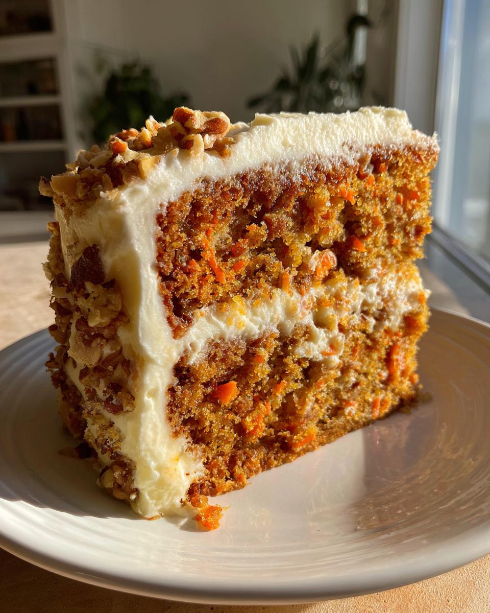 A tall slice of super moist carrot cake layered with cream cheese frosting and topped with chopped walnuts.
